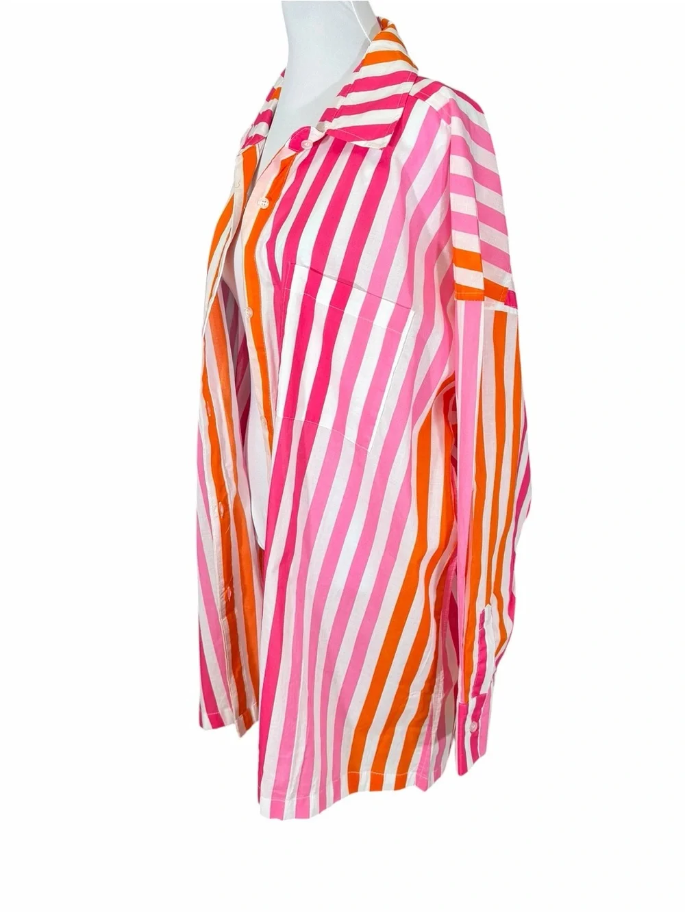 Beach Riot Alexa Coverup Button Down 100% Cotton Stripes Pink Orange Beach Swim